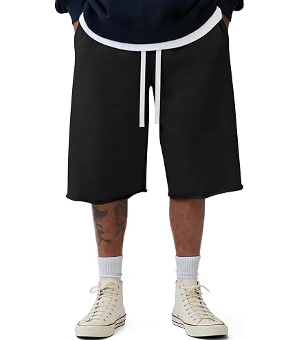SHENHE Men's Baggy Sweat Shorts Drawstring Waist Wide Leg Raw Hem